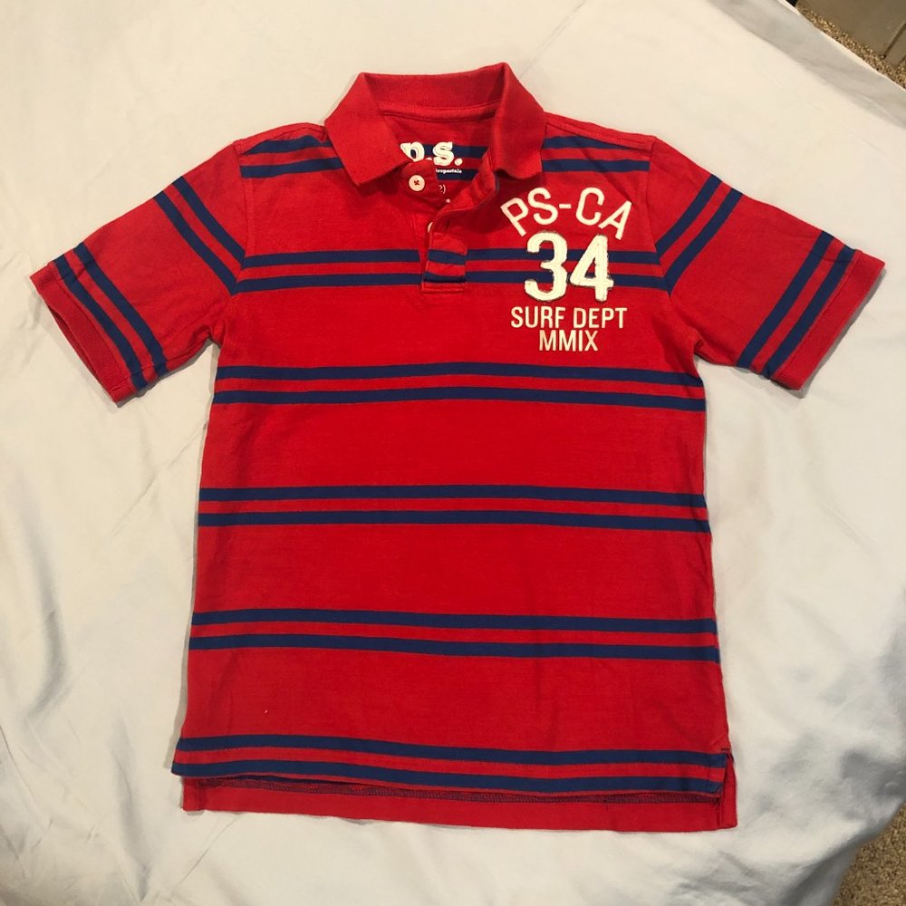 Aeropostale Boys' Polo Shirt, Red with Blue Stripes, Size L (12), 100% Cotton
